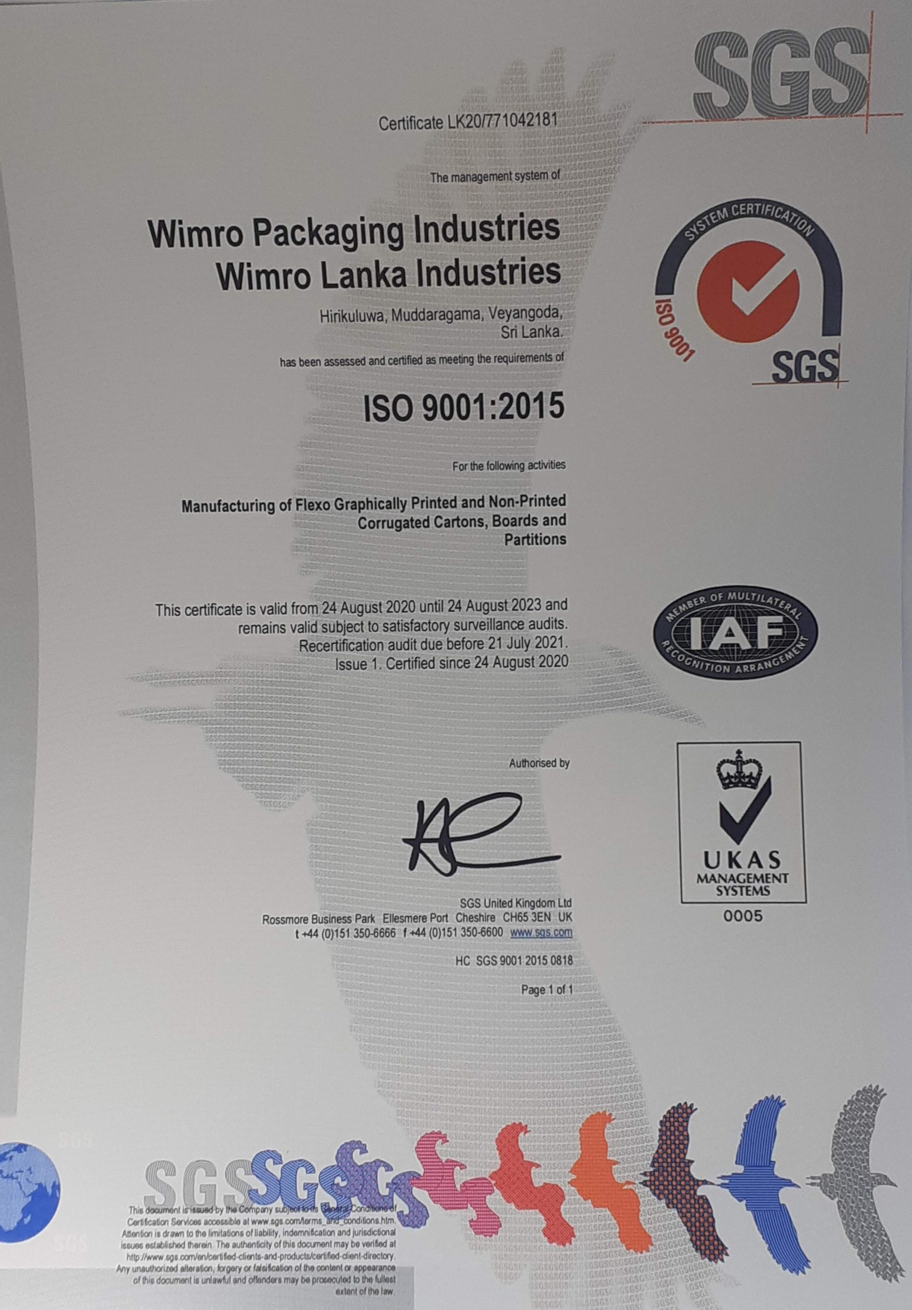 Corrugated Boxes Manufacturers Wimro ISO Certificate